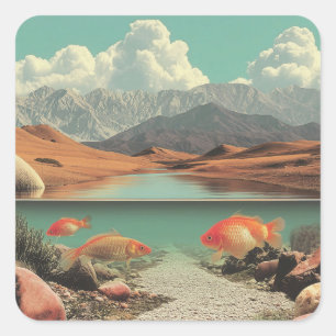 Surreal Desert and Lake with Goldfish Square Sticker