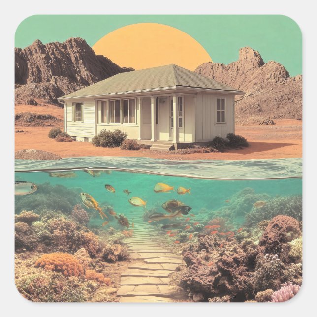 Surreal Desert House with Underwater Reef Square Sticker (Front)