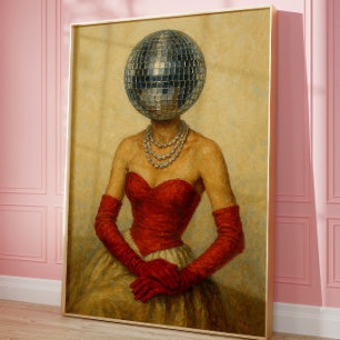 Surreal Disco Ball Lady Wall Art Print Vintage