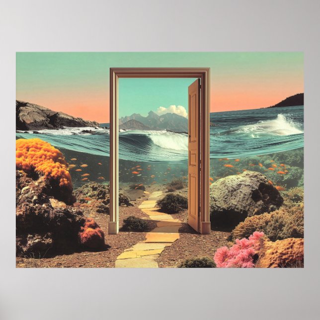 Surreal Doorway Opening to Ocean with Coral Reef Poster (Front)