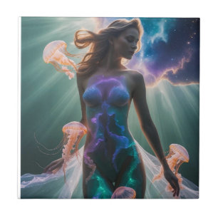 Surreal Double Exposure of Woman and Jellyfish in  Tile