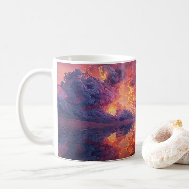 Surreal Dramatic Clouds With Fiery Sunset Coffee Mug (With Donut)