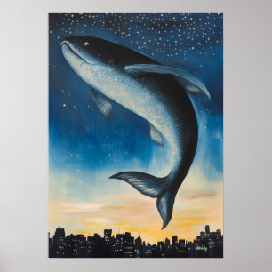 Surreal Dreamscape Fish Floating Over Urban skylin Poster