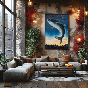 Surreal Dreamscape Fish Floating Over Urban skylin Poster