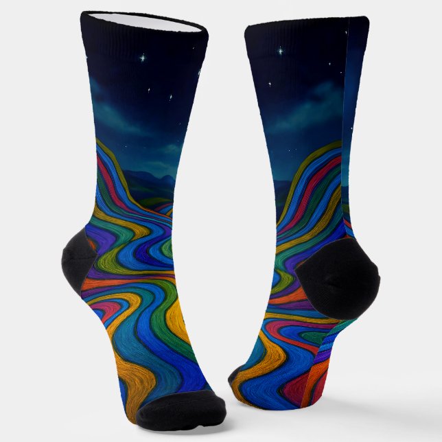 Surreal Dreamscape Moonlight Rainbow Land Socks (Angled)