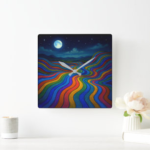 Surreal Dreamscape Moonlight Rainbow Land Square Wall Clock