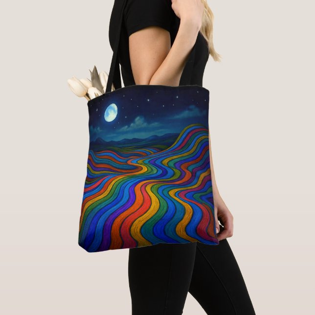 Surreal Dreamscape Moonlight Rainbow Land Tote Bag (Close Up)