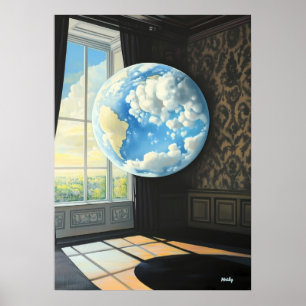 Surreal Dreamscape of Floating Earth in Room Poster