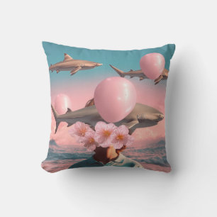Surreal Dreamscape with Sharks and Balloons Cushion