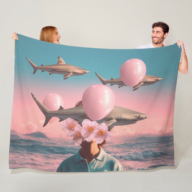 Surreal Dreamscape with Sharks and Balloons Fleece Blanket (In Situ)