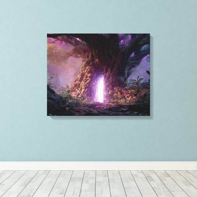 Surreal Enchanted Tree With Glowing Portal Canvas Print (Insitu(Wood Floor))