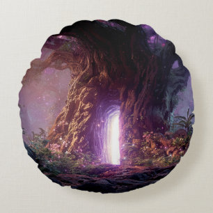 Surreal Enchanted Tree With Glowing Portal Round Cushion