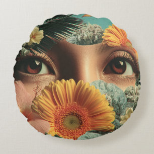 Surreal Eyes and Flowers with Butterflies Round Cushion
