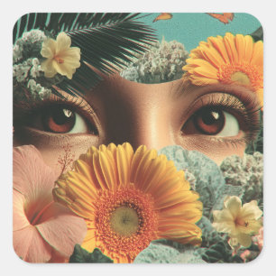 Surreal Eyes and Flowers with Butterflies Square Sticker