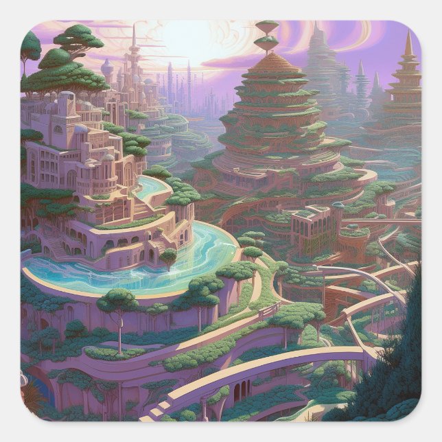 Surreal Fantasy City Square Sticker (Front)