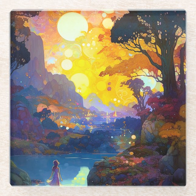 Surreal Fantasy Landscape Art Glass Coaster (Front)