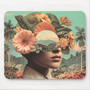 Surreal Female Portrait with Floral Elements Mouse Mat