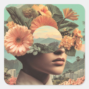 Surreal Female Portrait with Floral Elements Square Sticker