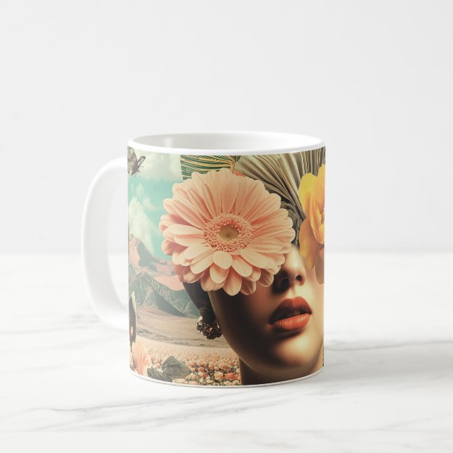 Surreal Female Portrait With Flowers Covering Eyes Coffee Mug (Front Left)