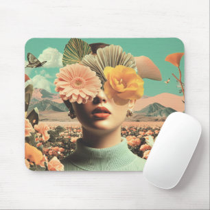 Surreal Female Portrait With Flowers Covering Eyes Mouse Mat