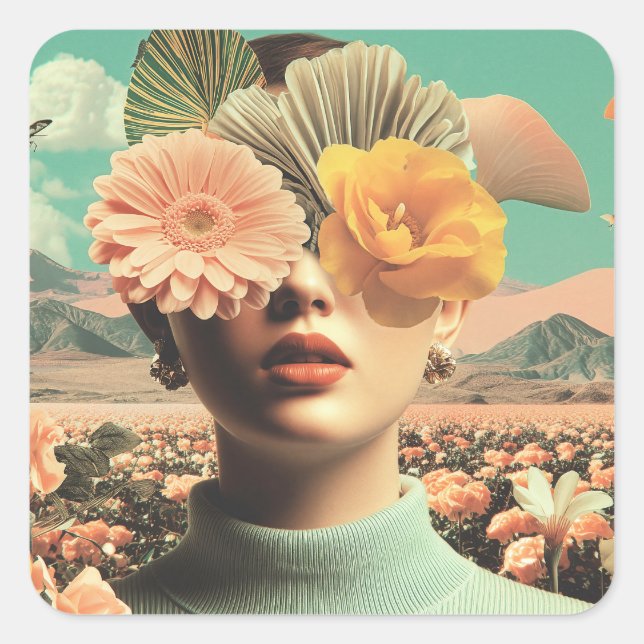 Surreal Female Portrait With Flowers Covering Eyes Square Sticker (Front)