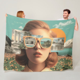 Surreal female portrait with retro sunglasses fleece blanket