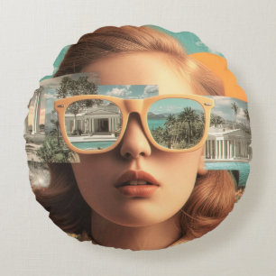 Surreal female portrait with retro sunglasses round cushion