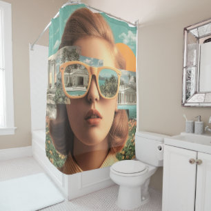 Surreal female portrait with retro sunglasses shower curtain