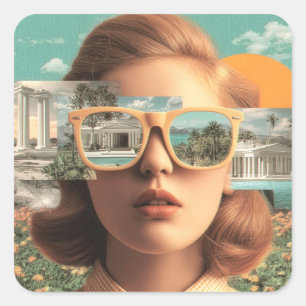 Surreal female portrait with retro sunglasses square sticker