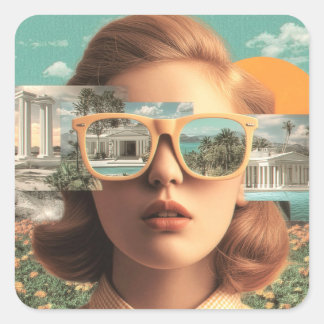 Surreal female portrait with retro sunglasses square sticker