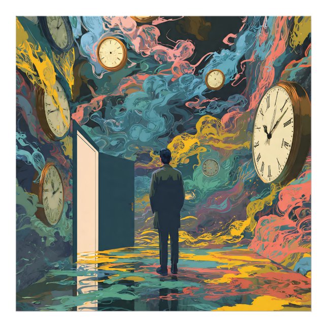 Surreal Figure Room Swirling Clocks Smoke Wall Art (Front)