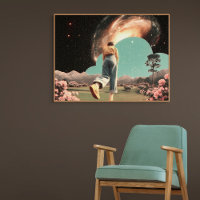 Surreal figure walking into galaxy gateway