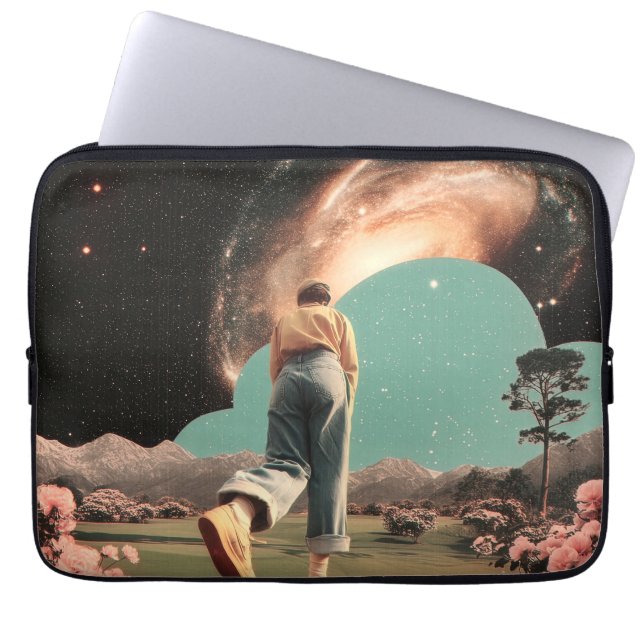 Surreal figure walking into galaxy gateway laptop sleeve (Front)