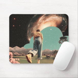 Surreal figure walking into galaxy gateway mouse mat
