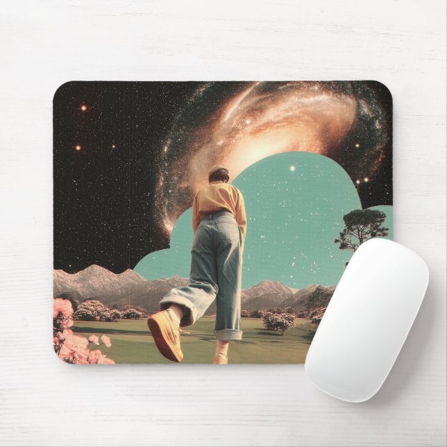 Surreal figure walking into galaxy gateway mouse mat (With Mouse)