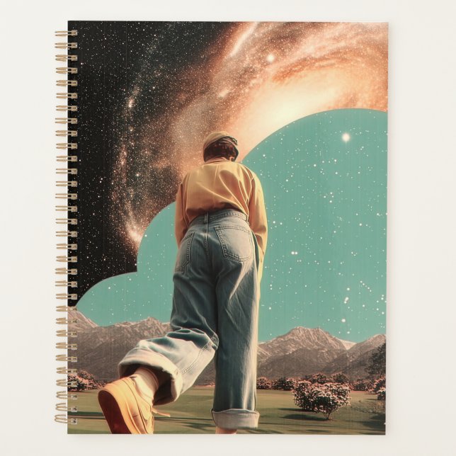 Surreal figure walking into galaxy gateway planner (Front)