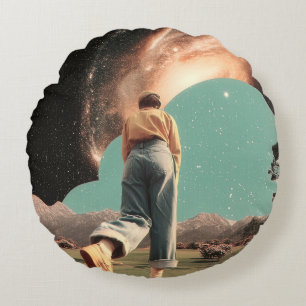 Surreal figure walking into galaxy gateway round cushion