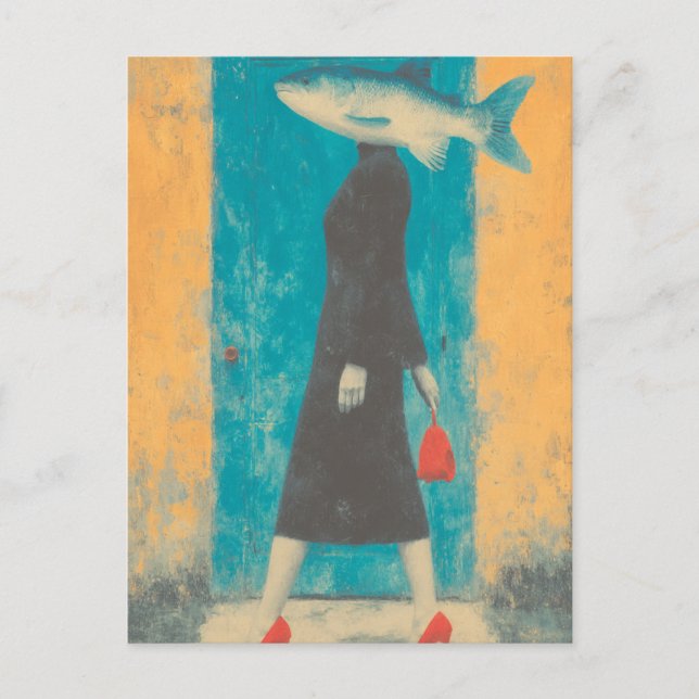 Surreal Fish Woman in Red Shoes Postcard (Front)