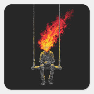 Surreal Flaming Head Dark Art Streetwear Graphic Square Sticker