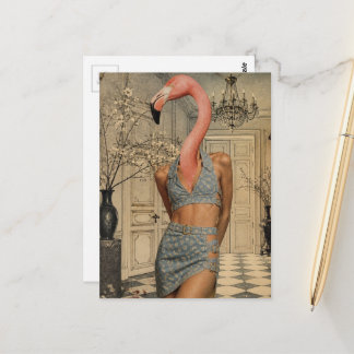 Surreal Flamingo Woman Wearing Blue Denim Outfit Postcard