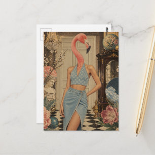 Surreal Flamingo Woman Wearing Blue Postcard