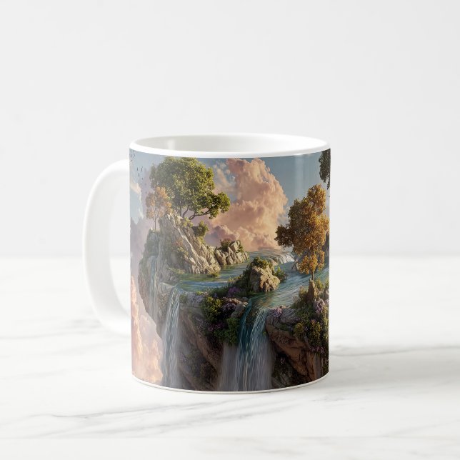 Surreal Floating Cliffs With Waterfalls Coffee Mug (Front Left)