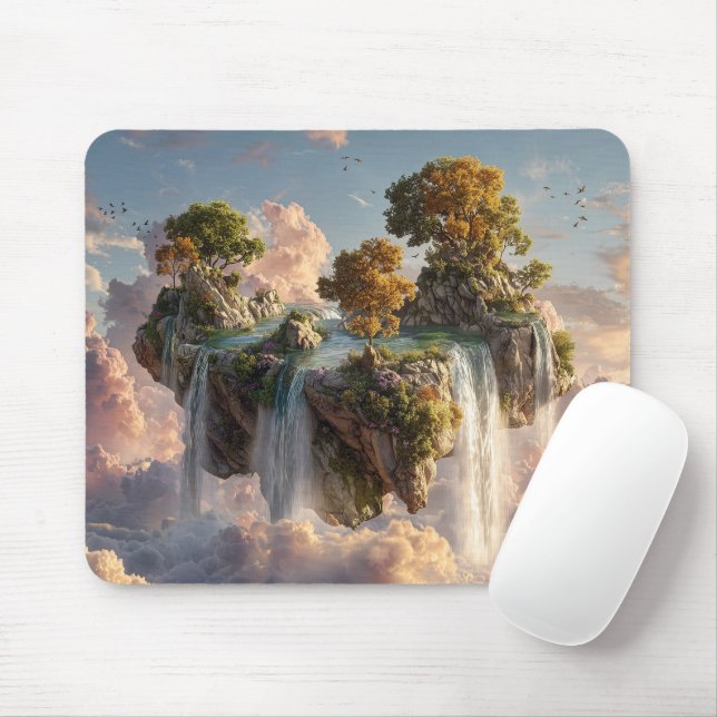 Surreal Floating Cliffs With Waterfalls Mouse Mat (With Mouse)