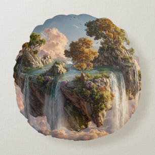 Surreal Floating Cliffs With Waterfalls Round Cushion