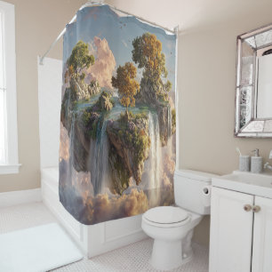 Surreal Floating Cliffs With Waterfalls Shower Curtain