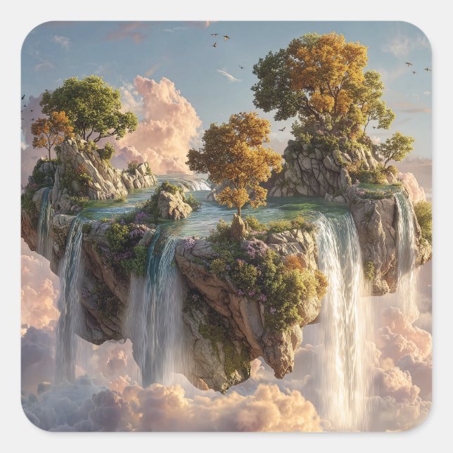 Surreal Floating Cliffs With Waterfalls Square Sticker (Front)