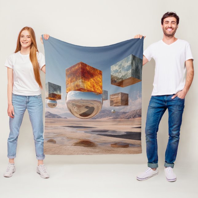 Surreal Floating Cubes And Reflective Sphere Fleece Blanket (In Situ)