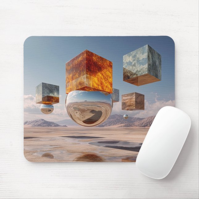Surreal Floating Cubes And Reflective Sphere Mouse Mat (With Mouse)