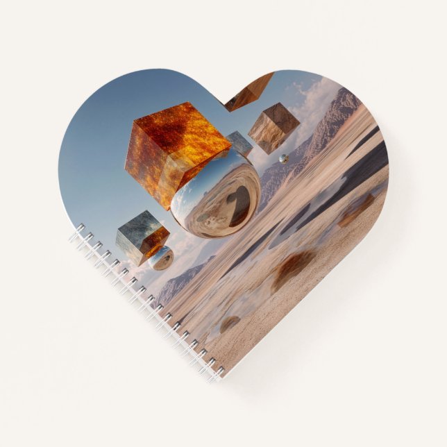 Surreal Floating Cubes And Reflective Sphere Notebook (Front)