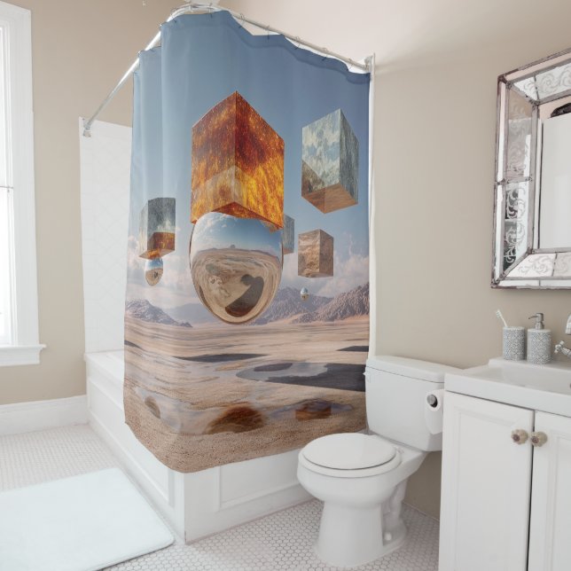 Surreal Floating Cubes And Reflective Sphere Shower Curtain (In Situ)